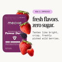 Purple Meche Power Down supplement package with strawberries and text on a white background